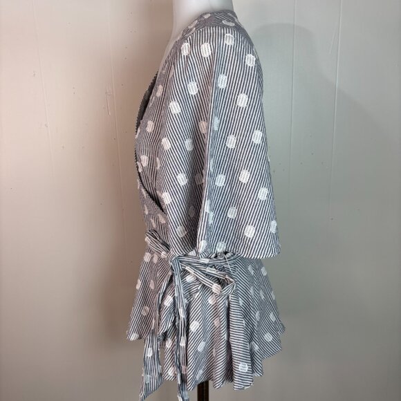 LOFT Wrap Top Medium Blue White Striped Polka Dot Short Sleeve Cotton Blouse - Picture 4 of 9
